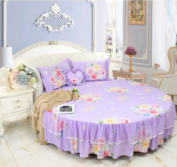 Cheap LACE ROUND Corner Bed Europe Orange color Flower Bedding sets Cotton Round Double Bed sheet Duvet cover Pillow case Bedskirt 13