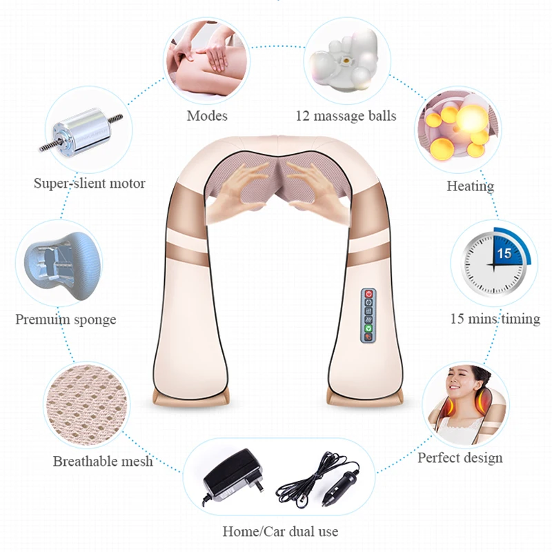 JinKaiRui U Shape Electrical Shiatsu Back Neck Shoulder Massager Body Spa Infrared 4D kneading Massagem Car Home Dual Use Masaje