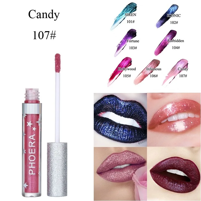 

PHOERA Metallic Liquid Lipstick Waterproof 8 Colors Matte Lip Gloss Tint Makeup Long Lasting Lipgloss Glitter Paint Lip TSLM1