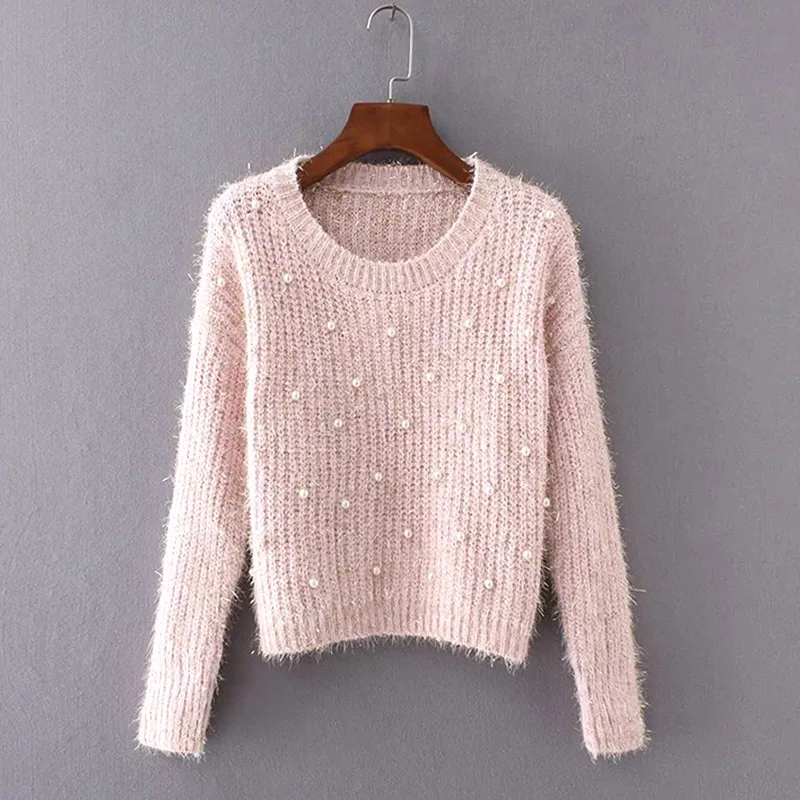 Women's Beading Pearl Fluffy Sweater Crop Top O neck Knitted Slim Pullover 2018 Autumn Winter Warm Fashion Casual Woman Sweaters