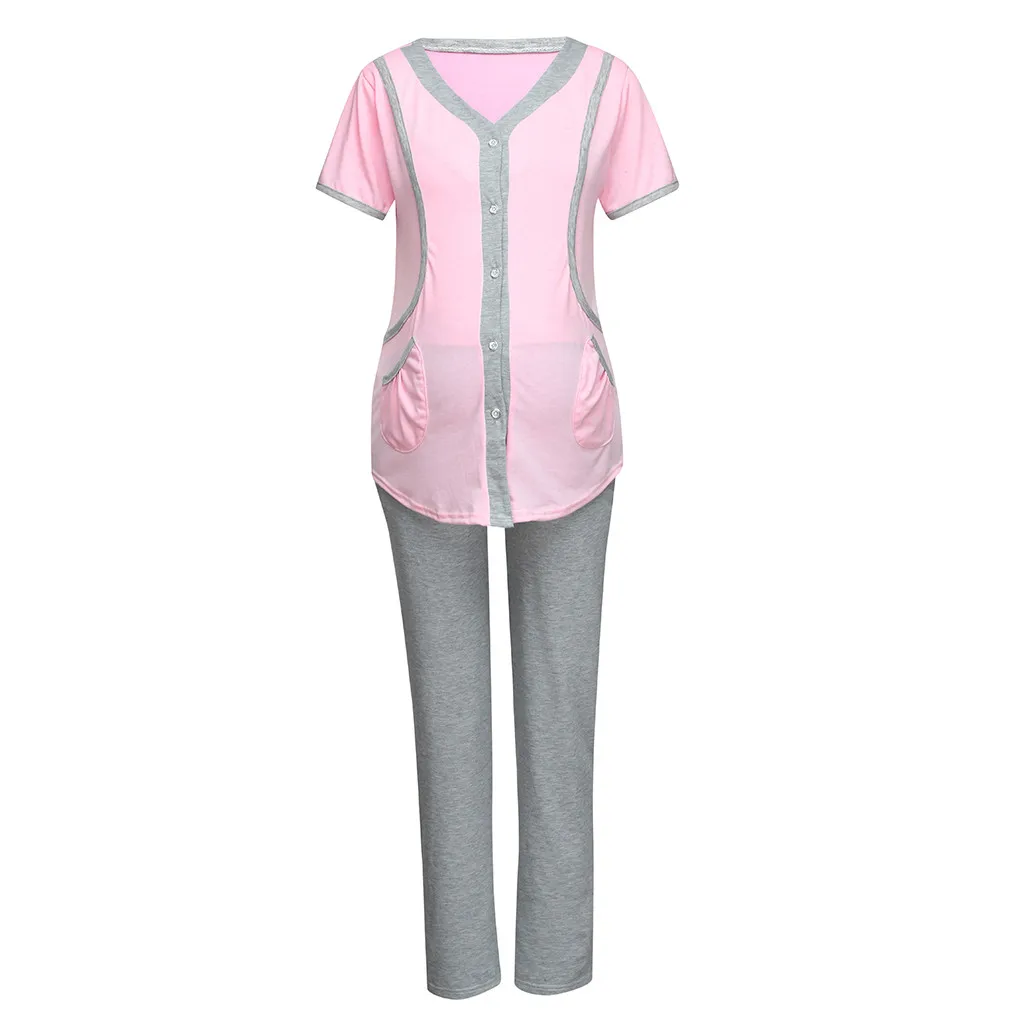 Мода для беременных краткосрочных Уход сплошной Грудное вскармливание куртка Штаны Дамы Беременные женщины с короткими рукавами Однотонная футболка костюм - Цвет: Pink