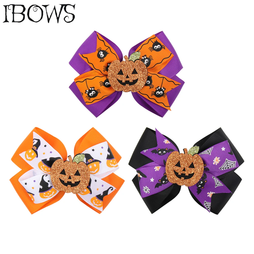 

Halloween Hair Bow for Girls With Smile Pumpkin Printed Ribbon Hairgrips Trick or Treat Festival Party Headwear Hair Accessories