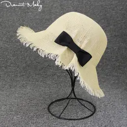 Модные солнцезащитные плоский соломенная шляпа канотье шляпа с бантом для девочек Летняя Шапки для Для женщин пляжные соломенная