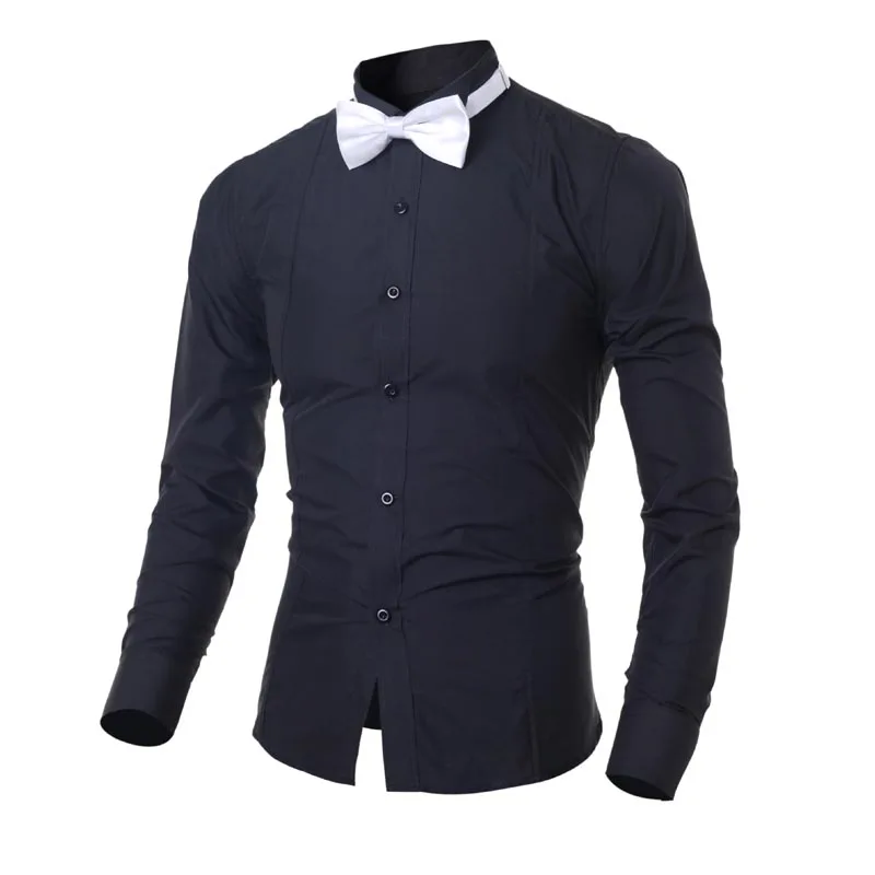 Дизайн стильные модные классические мужские рубашки с галстуком-бабочкой pure длинный рукав чистый цвет молодой человек формальная рубашка Slim fit - Цвет: HZHS028a