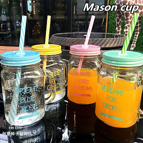 

450ml Colorful Glass Mason Jar Mug with Lid and Straw Smoothie Ice Cream Fruit Cold Drinking Water Jars Juice Cup