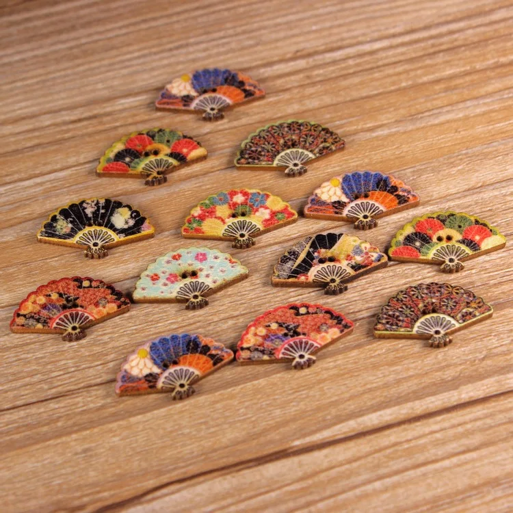 

10Pcs Asian Style Fan Shaped Wooden Buttons 30mm 2 Holes Assorted Color Scrapbooking Buttons Sewing Craft Garment Accessories