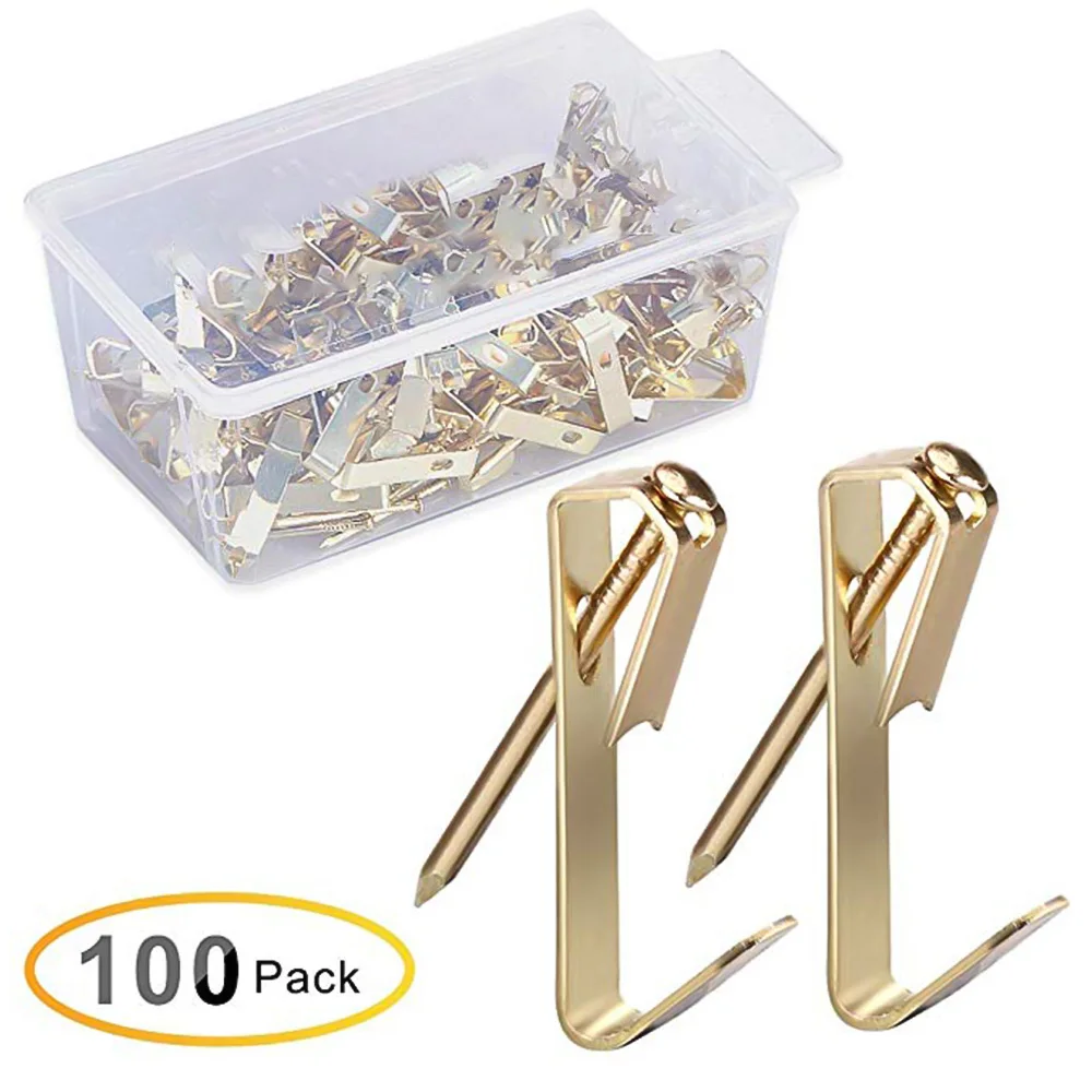 

100pcs 30lbs Golden Heavy Duty Picture Hangers Hanging Painting Mirror Picture Frame Hanger Art Work Photo Wall Hook With Screws
