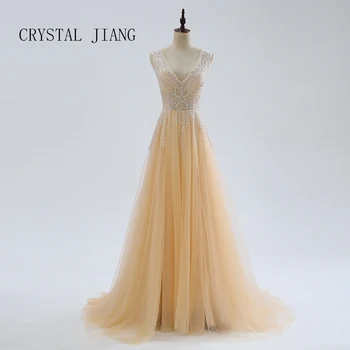 

CRYSTAL JIANG Beaded Side Split Prom Dresses Long Crystal Deep V Neck A Line Evening Gowns Formal Tulle Plus Size Party Dress