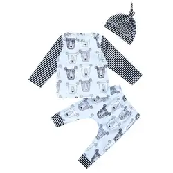 Осень младенческой Одежда для новорожденных мальчиков и девочек Хлопковая полосатая футболка с длинными рукавами Топы + штаны + шапка