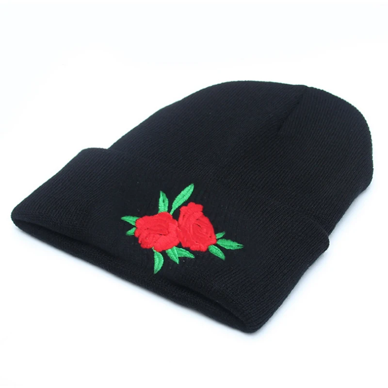 LNRRABC Женская вышитая аппликация Роза шерстяная вязаная шапка теплая на осень-зиму капор Лыжная шапка шапочка человек унисекс черный