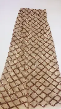 

Free Shipping!High Quality French Silk Material Beautiful African Lace Fabric With Gold color Sequins for wedding dresses ZH1377
