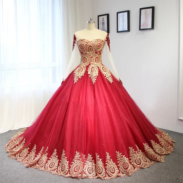 2017 Luxury Wine Red With Golden Lace Wedding Dress Ball Gown 2017 Luxury Wine Red With Golden Lace Wedding Dress Ball Gown Sleeves