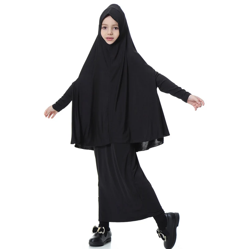 

Arab Muslim Sets Girls Hijab and Dress Children Ethnic Solid Abaya Dresses Sets 12 Colors