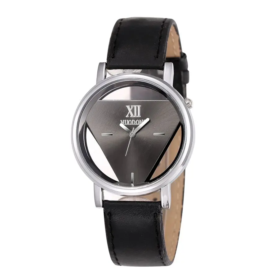 

Best selling fashion reversed triangle hollow stainless steel polarized adjustable leather buckle adjustable quartz watch