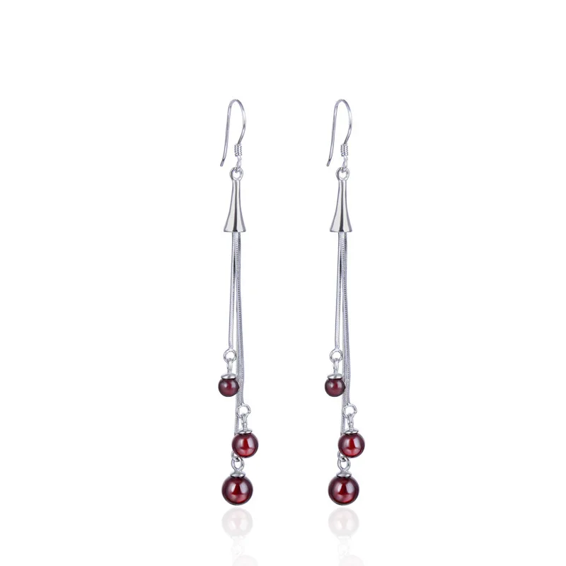 

YJAR001962 New Long Inlaid Synthetic Garnet Pendant Lady Temperament Women Jewelry S925 Sterling Silver Dangle Earrings