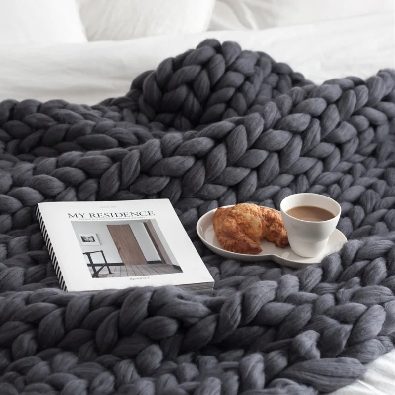 Высокое качество, мягкое толстое трикотажное одеяло из гигантской пряжи, шерстяное объемное ручное плетение, реквизит для фотосессии, одеяло s, мягкое вязаное одеяло s - Цвет: Dark Gray