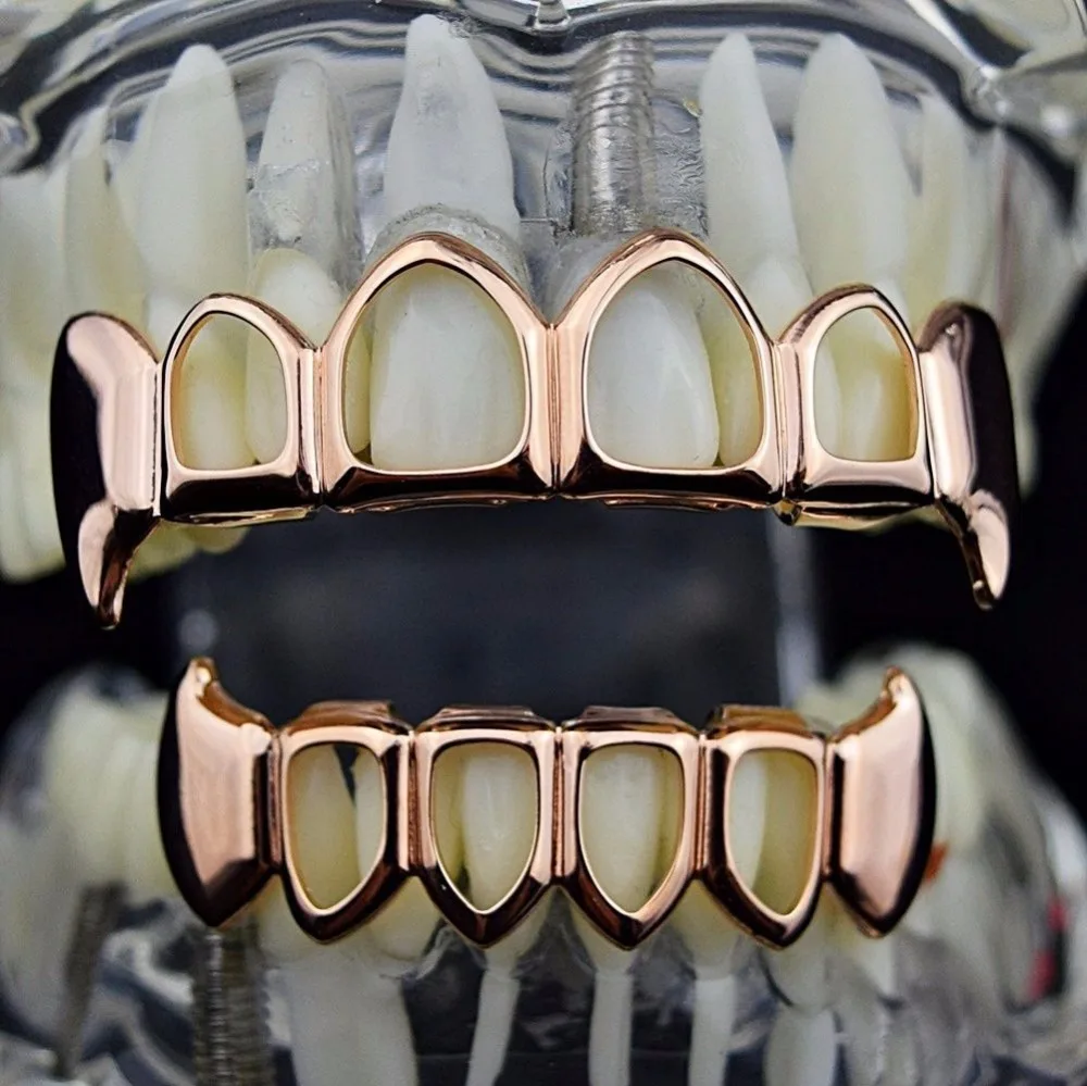 Мужской хип-хоп золотой Клык Топ нижние зубы Grillzs набор полые TeethGrillz рэппер ювелирные изделия