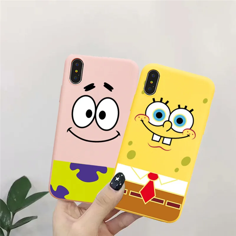 

JAMULAR Cute Cartoon SpongeBob Fitted Case For iPhone 7 XS MAX XR X 8 6 6s Plus Patrick Star Soft Matte Phone Cover For iPhone 8