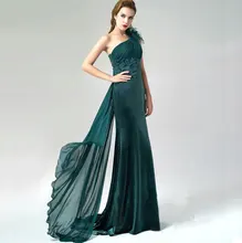 2017 Dunkelgrün Samt Abendkleider mit Schulter Ausschnitt Appliques Feather Falten Bodenlangen Chiffon Ribbon Party