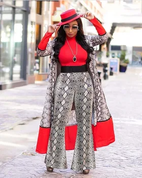 

2020 New African Free Size Fashion Striped Wide-Legged Pants with Long Coat 3 Piece Bazin Suit Big Elastic For Lady