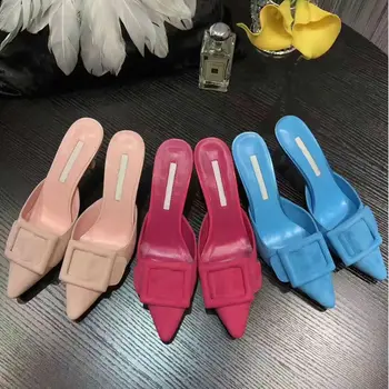 

Ladies Thin High Heels Pumps Spring Pointed Toe Mules Slip on High-heeled Shoes Women New Summer Belt Square Buckle Pumps Woman