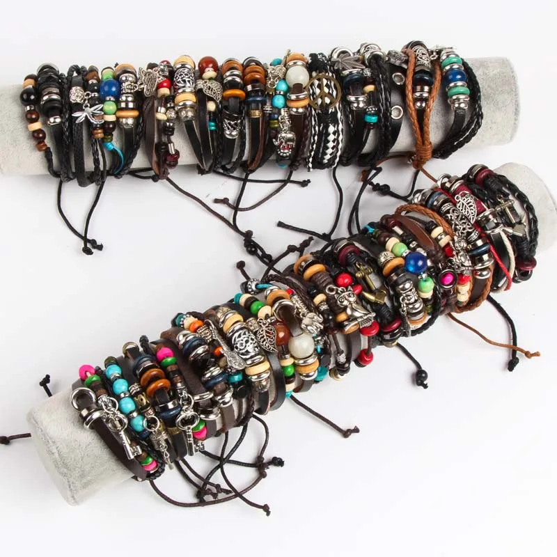 Wholesale bulk 50 pieces / batch mixed style metal leather retro bracelet men and women suitable for simple versatile jewelry