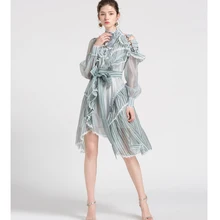 Для женщин платье лето знаменитости вечерние зеленого цвета с длинным рукавом, в полоску, платье с кружевной оборкой Vestidos пикантные модные w платье+ пиджак