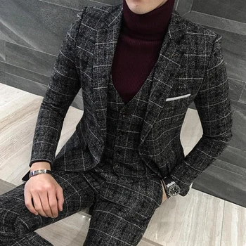 Cena 3 Sztuk Garnitury Męskie Brytyjskich Najnowsze Wzory Płaszcz Pant Czarny/szary Mężczyzna Garnitur Jesień Zima Gruby Slim Fit Plaid Smokingi ślubne