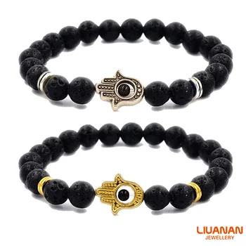 

Liuanan Wholesale 10pcs/lot Hot Sale Women Men Lava Stone Hamsa Bracelet Hamsa Charms Lucky Eye Cuff Bracelet