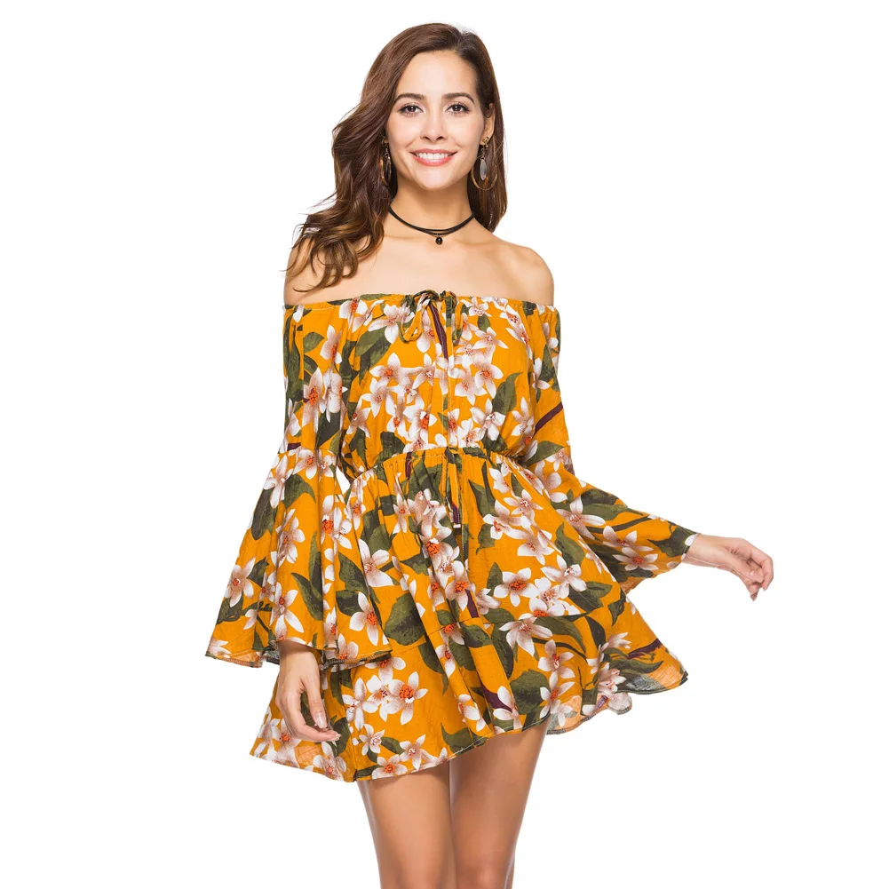 Lace Up Floral Print Short Dress Women Long Sleeve Off Shoulder Loose
