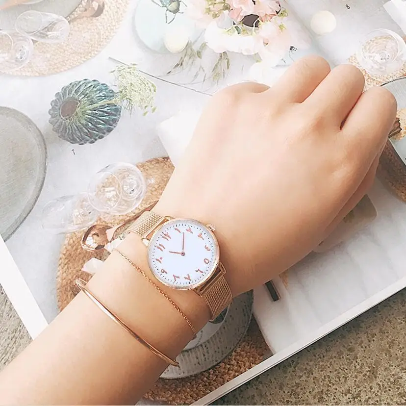 Vansvar, серебряные и розовые золотые сетчатые часы с арабскими цифрами, модные повседневные женские кварцевые наручные часы из нержавеющей стали, Relogio Feminino