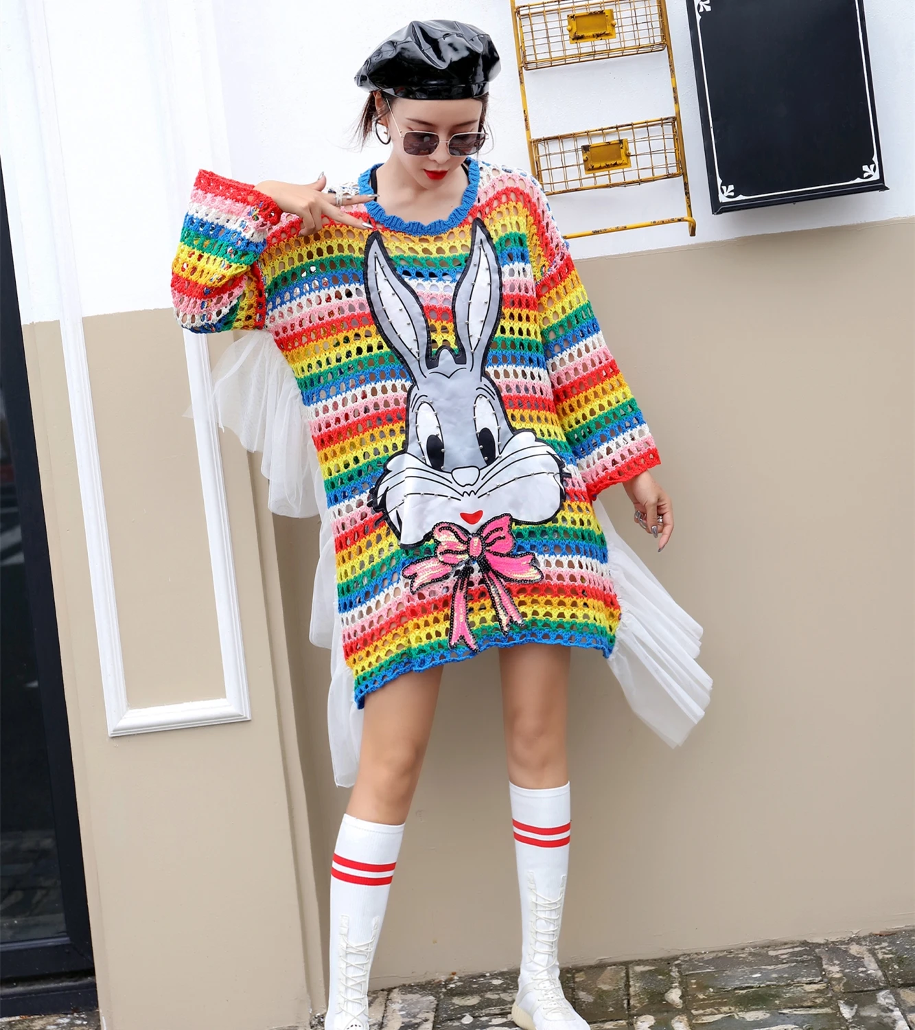 

Chao brand 2018 autumn cartoon rabbit long-sleeved knitted sweater long-cut hollowed hole sweater in female loose mesh