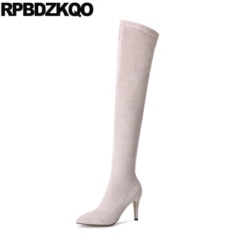 

thigh high boots for plus size women shoes suede grey heel winter 10 slim over the knee autumn stiletto brand long pointed toe