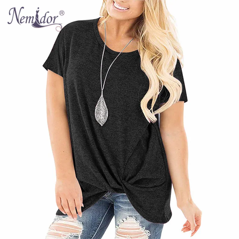 Nemidor Women's Short Sleeve Casual Side Twist Knotted T Shirts Loose Fit Plus Size Summer Tops Blouses (1)