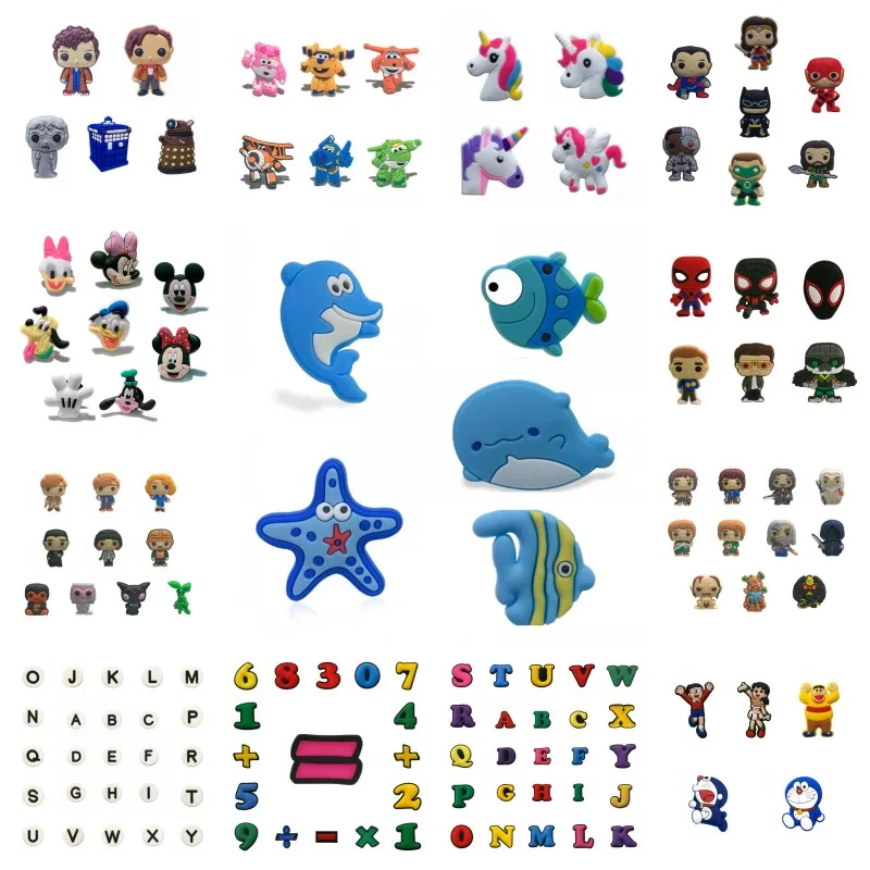 

50pcs/lot Mickey Avenger Unicorns Shoe Charms Alphabet Numbers Buckles Fit Bands Bracelet Croc JIBZ Shoes Buttons Kids Xmas Gift