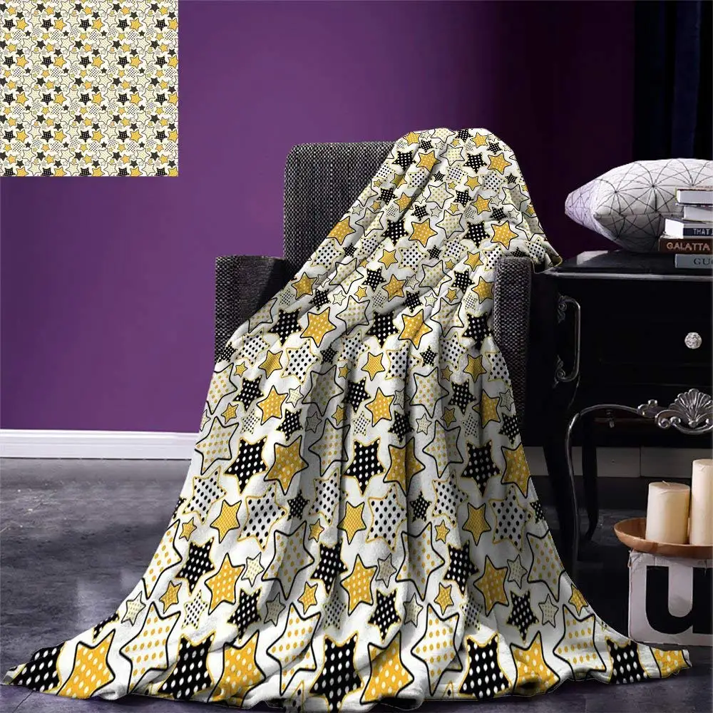 Yellow Throw Blanket Yellow and Black Stars with Retro Style Polka Dots