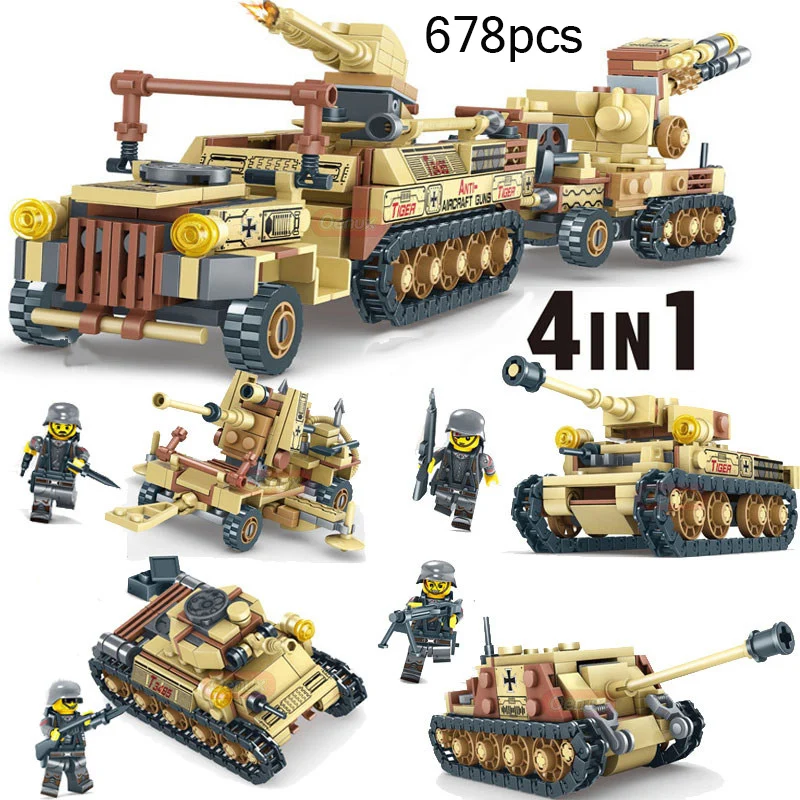 

678pcs 4 in 1 Military World War 2 Tank Building Blocks Mini Gun Weapon Army WW2 Soldiers Figures Compatible Legoings Brick Toys