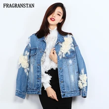 Весна Осень Новые женские винтажные модные джинсовые пальто с отверстиями женские сетчатые повседневные куртки с 3D цветами высокое качество Свободный Топ JQ350