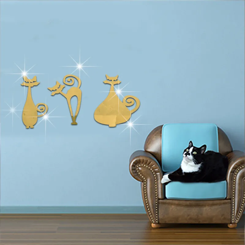 3D стикер стены три кошки DIY оригинальность спальня салон стена украшения зеркало стены стикеры, бесплатная доставка SY-8010