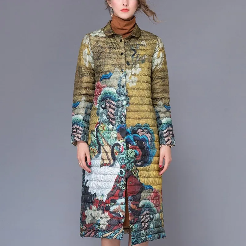 Для женщин Ультра тонкая пуховая куртка Чешский народный с цветочным принтом длинный плащ пальто женские элегантные зимние вечерние верхняя одежда пальто