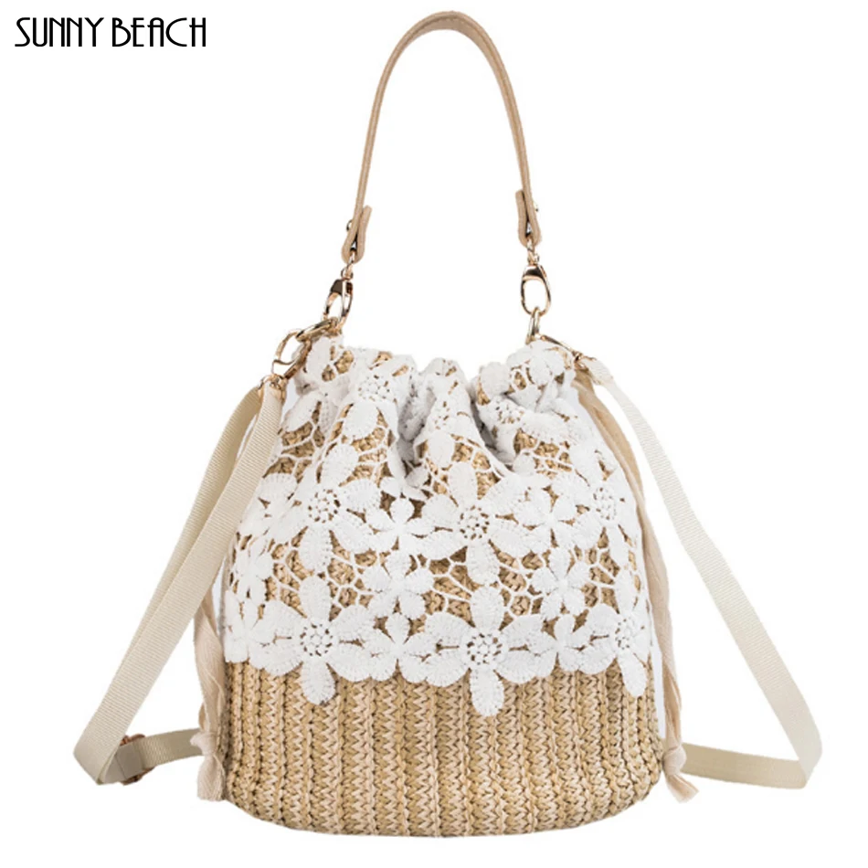 

2019 new Fashion Lace Straw Handbags Women's Shoulder Bags Woven Bucket Bag Totes Elegant Ladies Beach Crossbody Bags