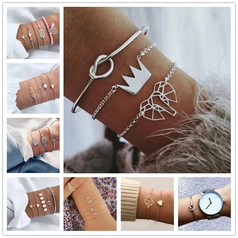 

Bohemian Turtle Moon World Map Bracelet Sets Silver Gold Heart Cross Infinity Shell Knot Bracelets For Women Bangles Jewelry