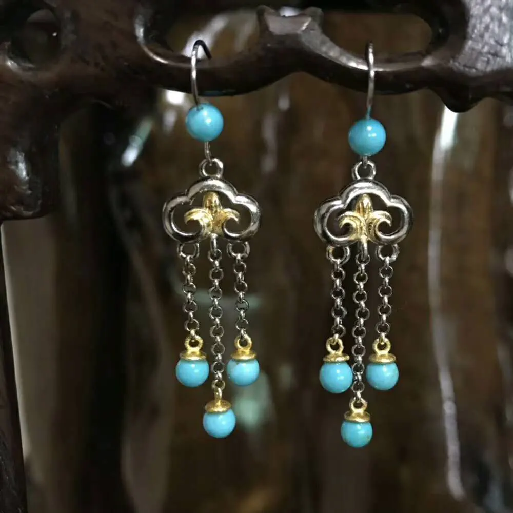 

RADHORSE Turquoise Earring Genuine 925 Sterling Silver Cloud Tassel Modeling Earring for Women Luxurious Silver Earring