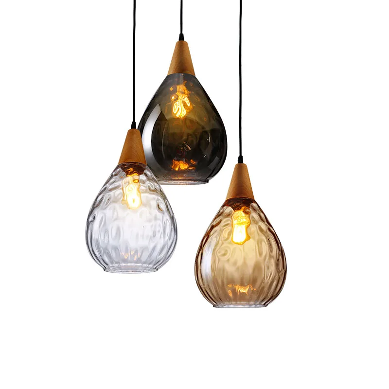Modern Glass Pendant Light Vintage Amber Smoky Clear Glass Wood Hanging Pendant Lamp Decorative Indoor Pendant Light E27 E26 (21)