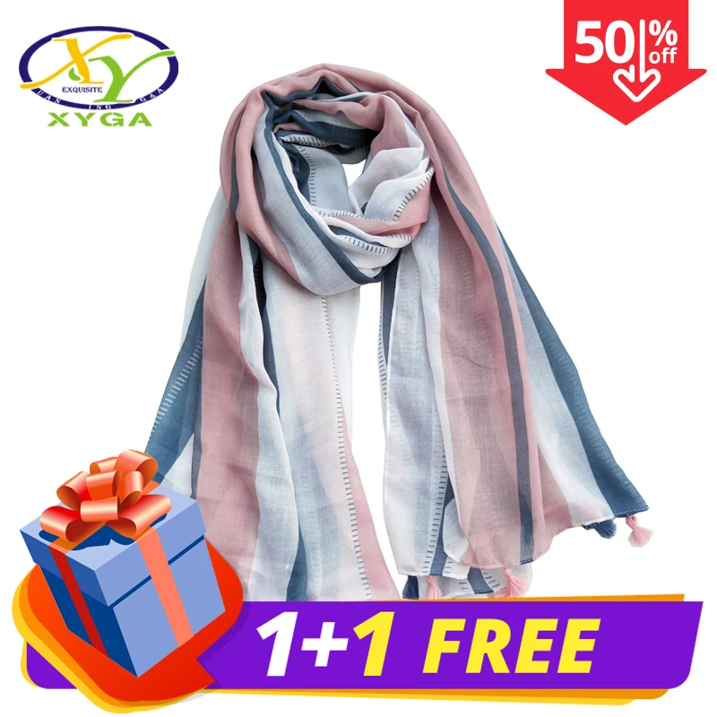 

1PC Fashion Stripes Women Long Scarf Tassels 2018 Spring Thin Cotton Wraps Soft Lady's Sunscreen Square Scarves and Shawls