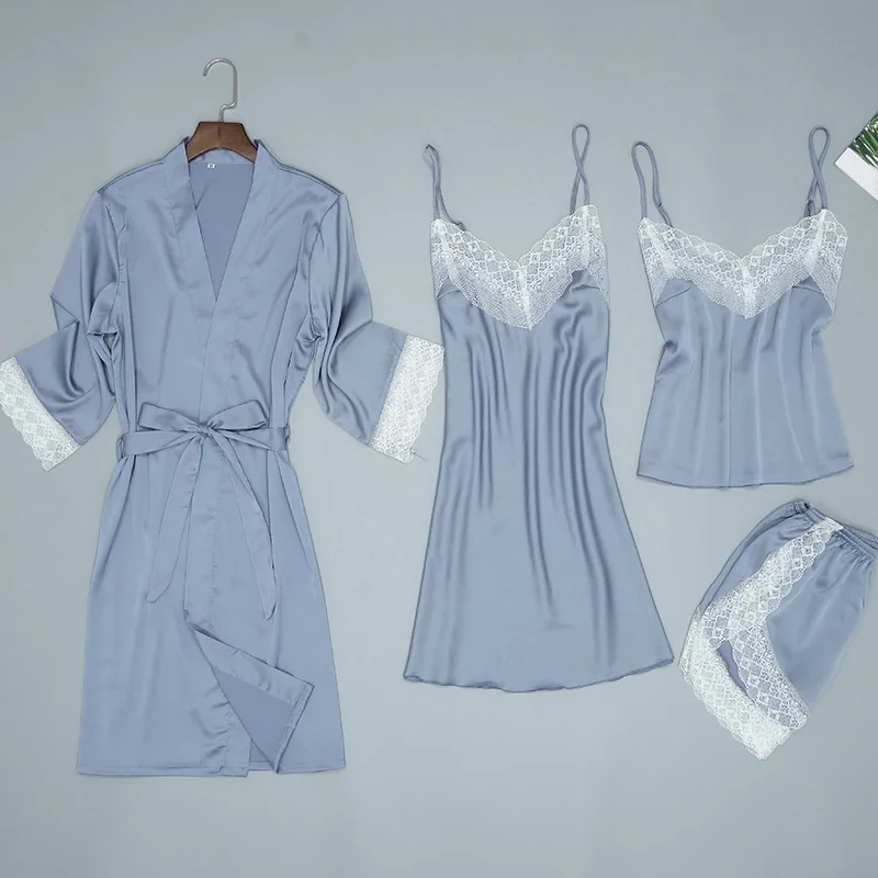 Lady Home Wear Pajamas 4PC Strap Top Pants Suit Sleepwear Sets Woman Nightgown Sexy Kimono Sleep Robe Bath Gown Nightdress | Женская