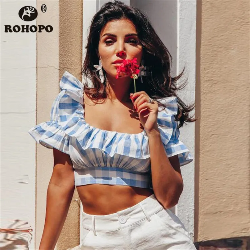 

Summer Short Butterfly Sleeve Plaid Mini Length Strapless T shirt 2019 Square Ruffles Collar Pretty Girl Hot Women's Tee Shirt