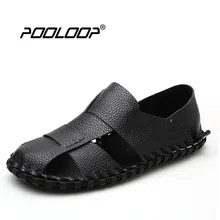 POOLOOP/повседневные летние мужские сандалии с закрытым носком; модная кожаная обувь без шнуровки; черные удобные пляжные сандалии; мужские мокасины