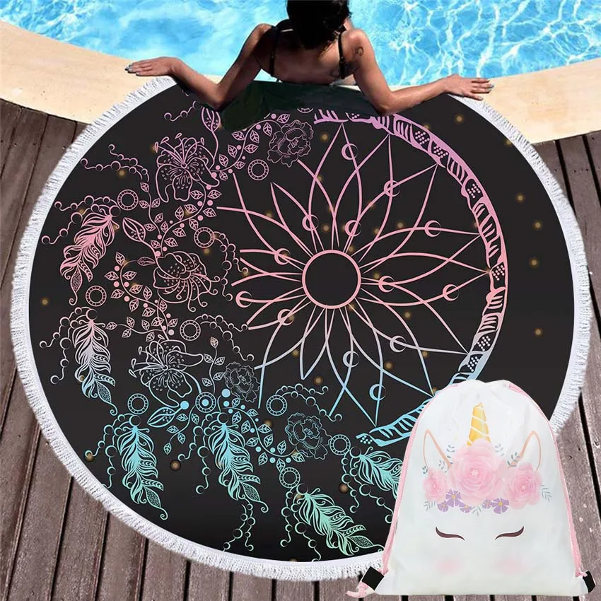 

Beach Towel Dreamcatcher Feather Summer 150cm Round Bath Sport Towel With Drawstring Storage Bag Blanket Yoga Mat Wall Tapestry