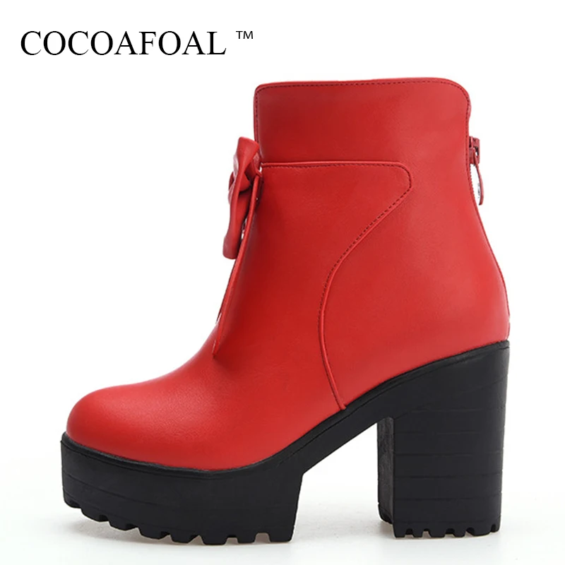 

COCOAFOAL Woman Black White Red Butterfly Knot Ankle Boots Winter Chelsea High Heeled Boots Plus Size 33 43 Zipper Martin Boots